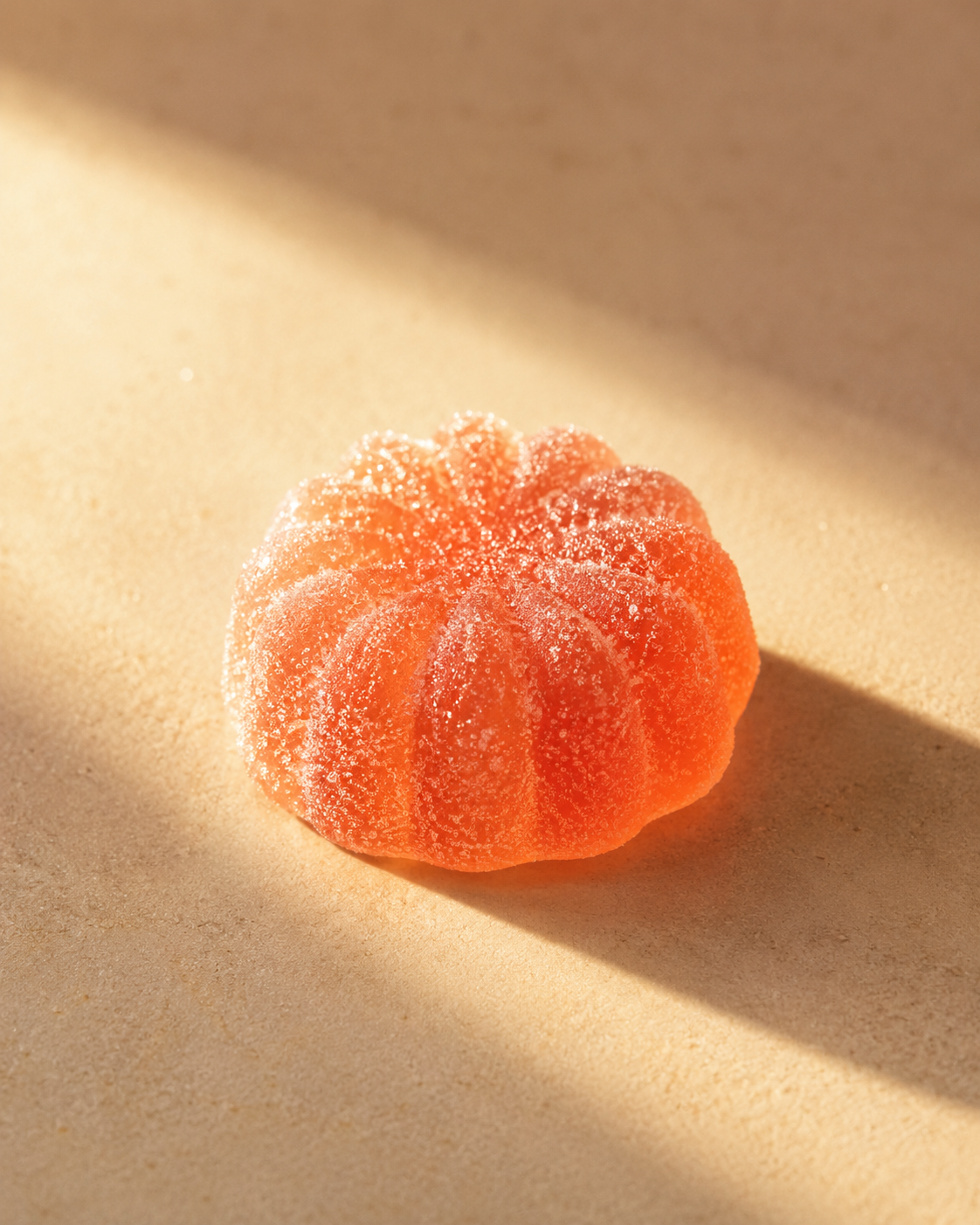A single translucent coral June GHK-Cu gummy in golden light